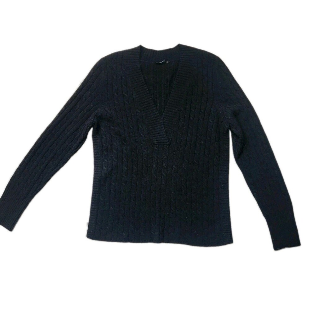 Magaschoni Cashmere Black Cable Knit Sweater Womens V Neck Long Sleeve L GUC